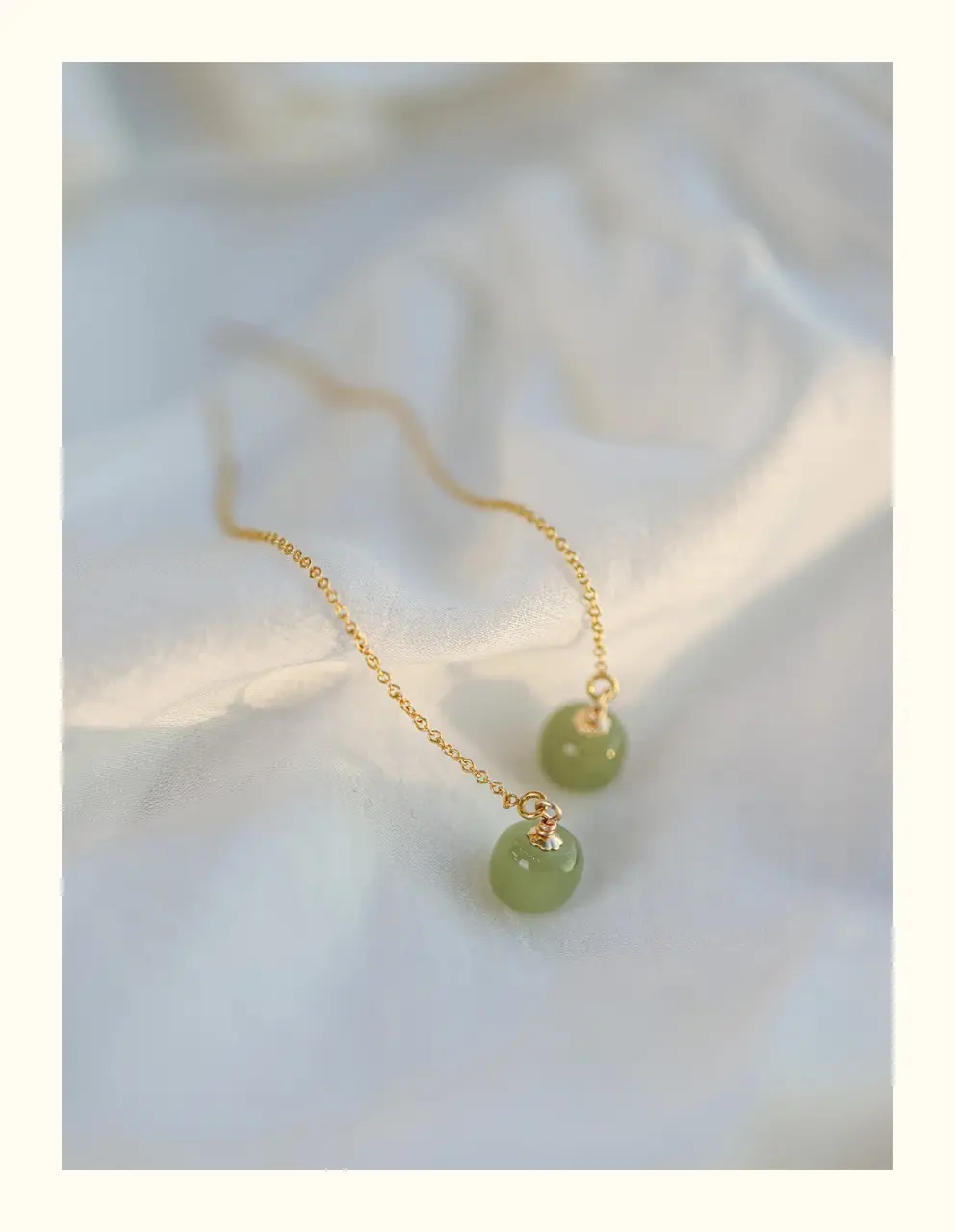 Natural Hetian Jade Long Earrings 14K Gold Tassel — feature 8