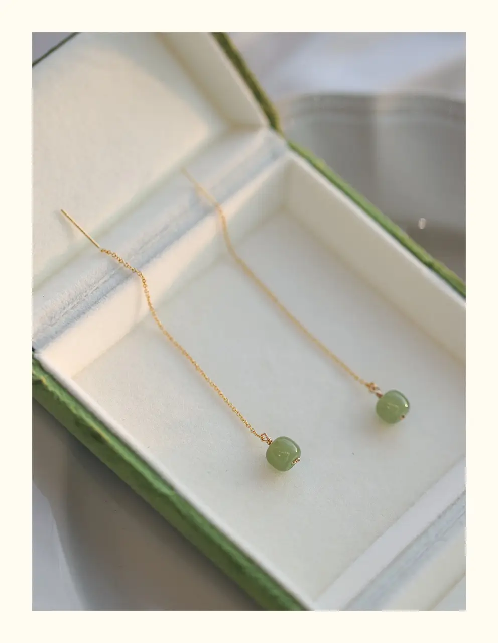 Natural Hetian Jade Long Earrings 14K Gold Tassel — feature 9