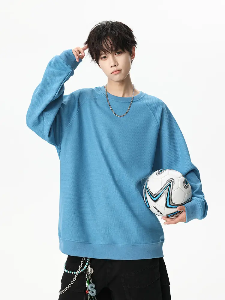 Pink Waffle Sweatshirt for Men Round Neck Loose Fit