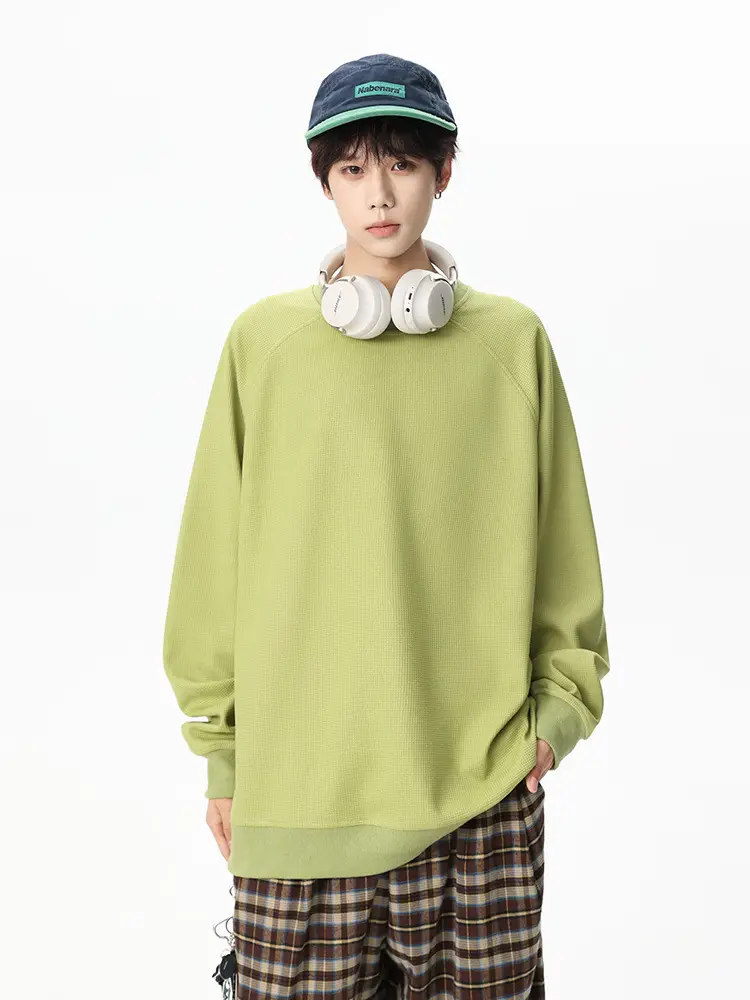 Pink Waffle Sweatshirt for Men Round Neck Loose Fit