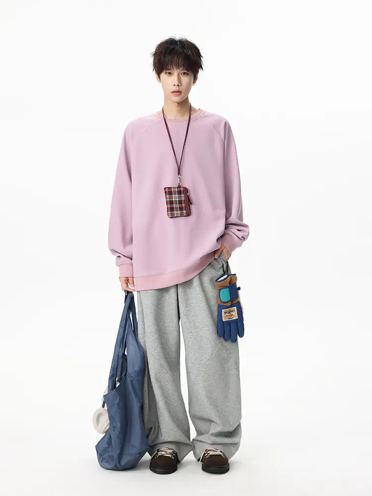 Pink Waffle Sweatshirt for Men Round Neck Loose Fit