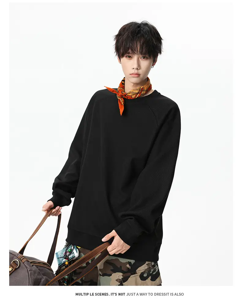 Pink Waffle Sweatshirt for Men Round Neck Loose Fit — feature 10