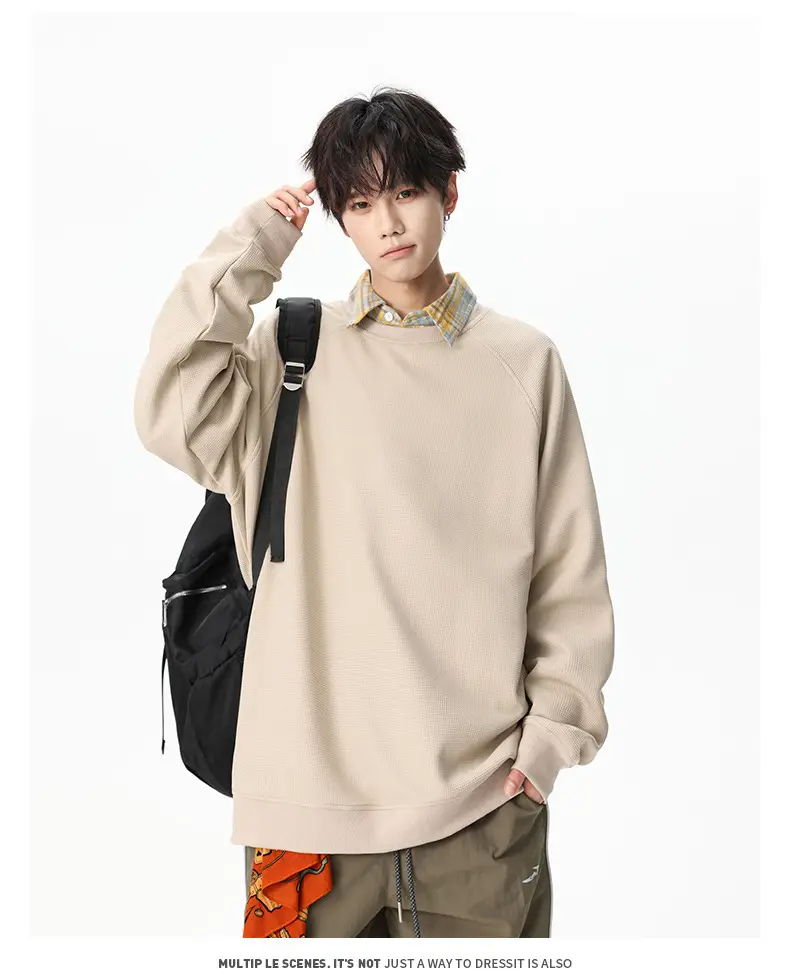 Pink Waffle Sweatshirt for Men Round Neck Loose Fit — feature 12