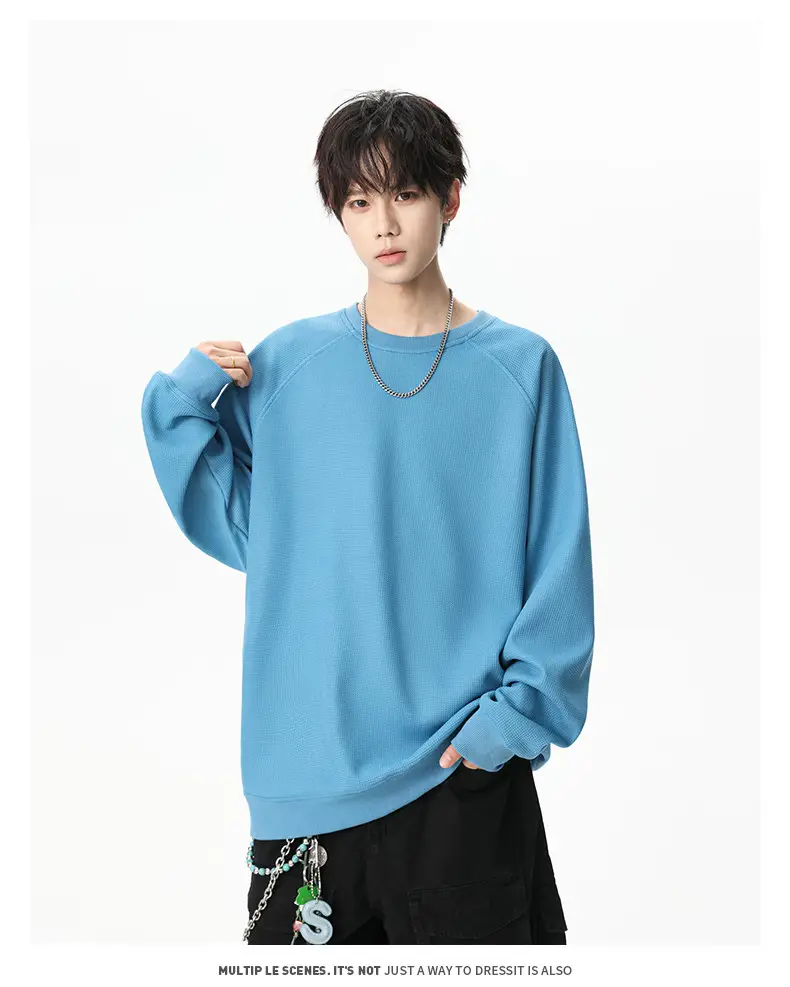Pink Waffle Sweatshirt for Men Round Neck Loose Fit — feature 15