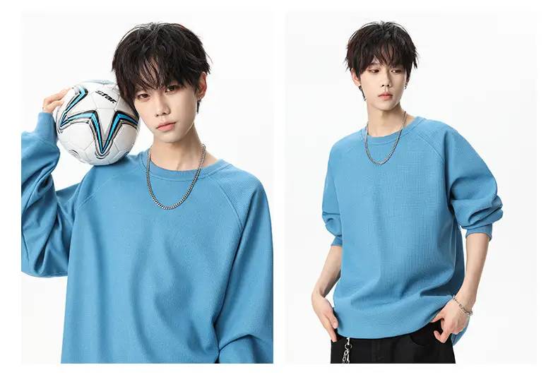 Pink Waffle Sweatshirt for Men Round Neck Loose Fit — feature 17