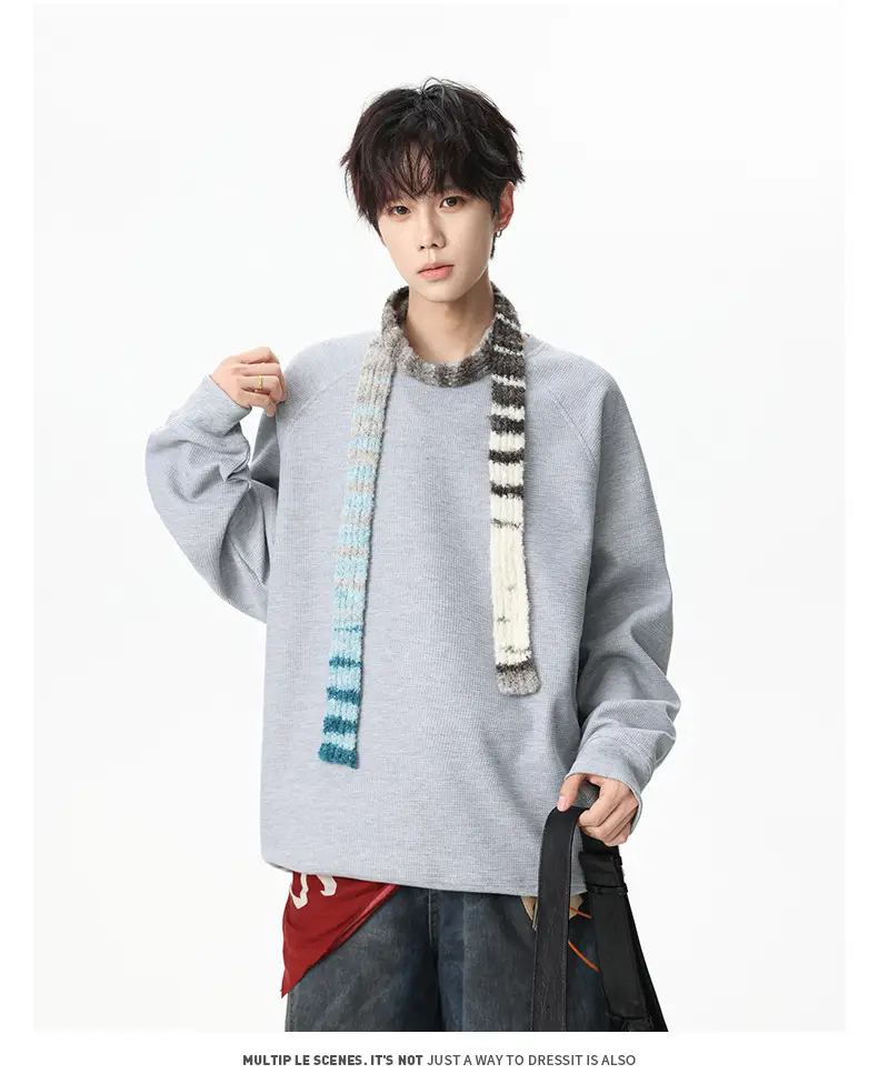 Pink Waffle Sweatshirt for Men Round Neck Loose Fit — feature 18