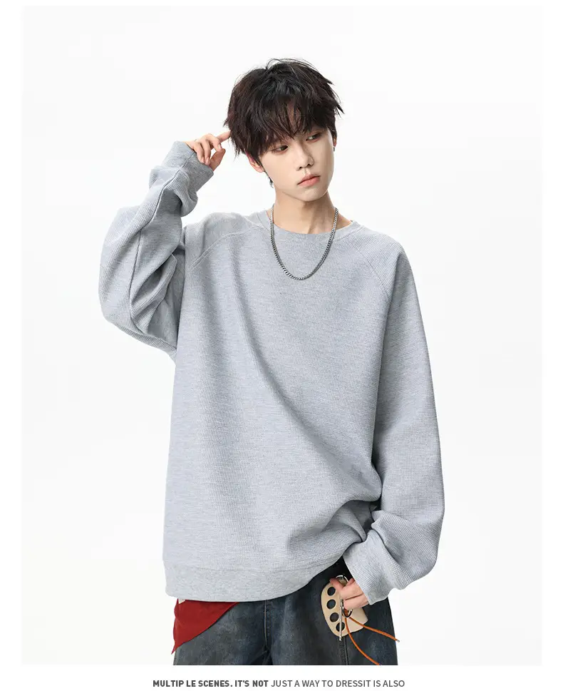 Pink Waffle Sweatshirt for Men Round Neck Loose Fit — feature 19