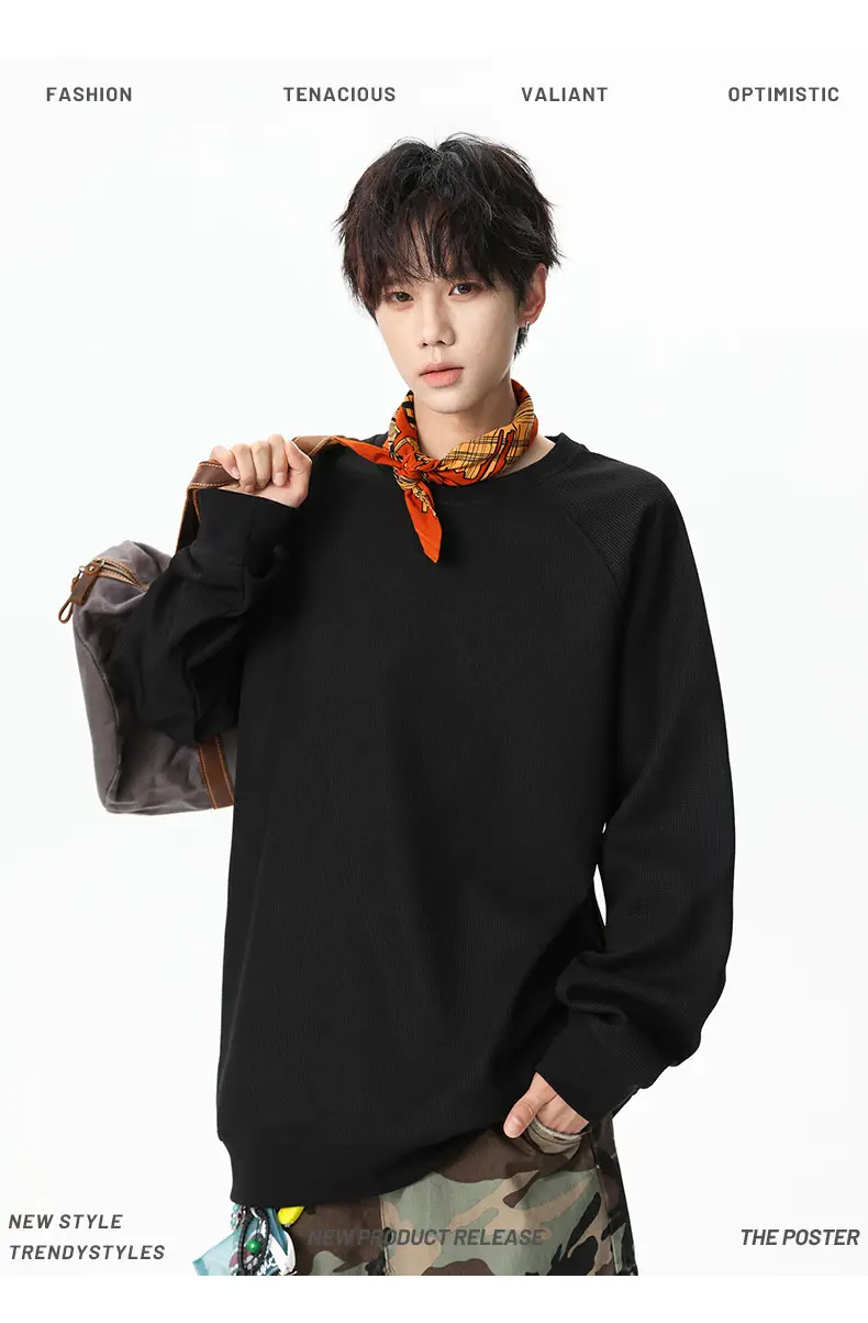 Pink Waffle Sweatshirt for Men Round Neck Loose Fit — feature 2
