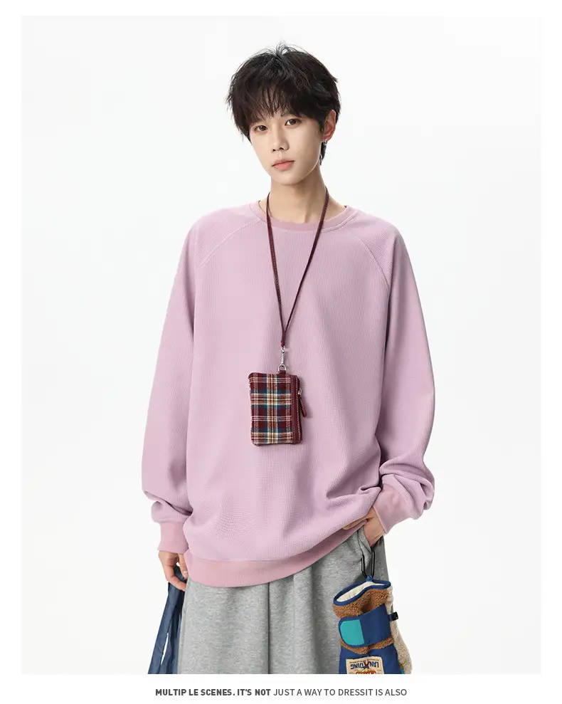 Pink Waffle Sweatshirt for Men Round Neck Loose Fit — feature 21