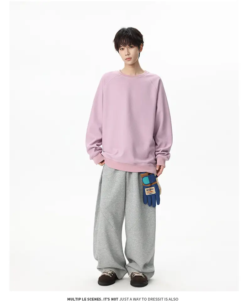 Pink Waffle Sweatshirt for Men Round Neck Loose Fit — feature 22