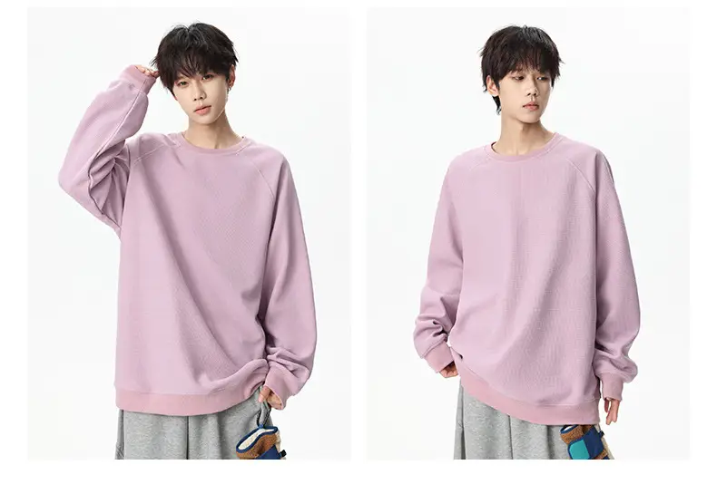 Pink Waffle Sweatshirt for Men Round Neck Loose Fit — feature 23