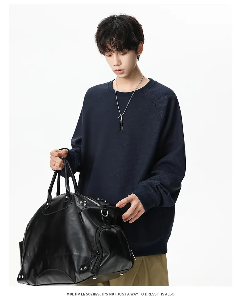 Pink Waffle Sweatshirt for Men Round Neck Loose Fit — feature 24