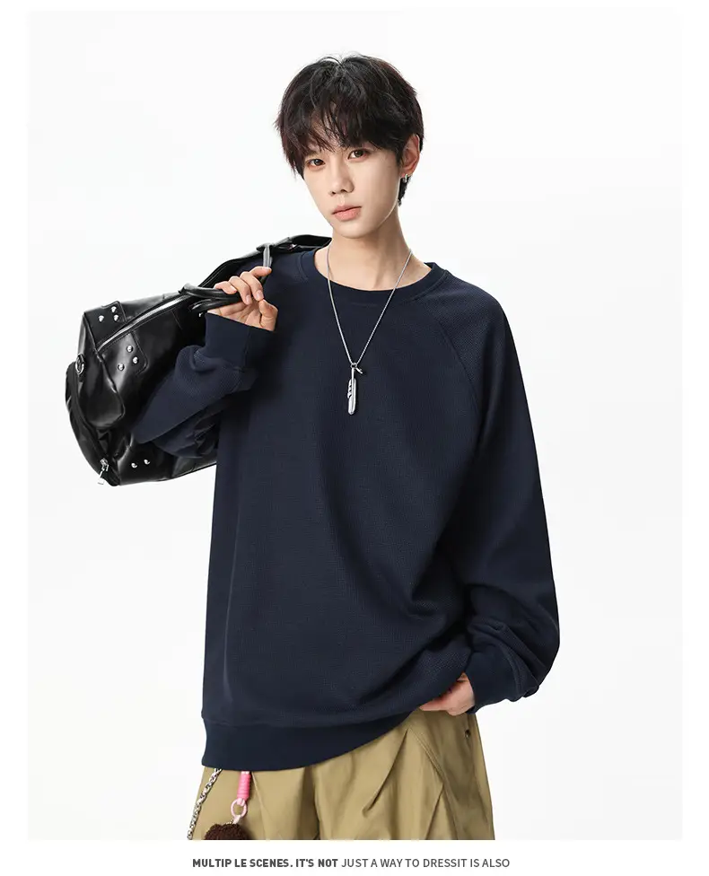 Pink Waffle Sweatshirt for Men Round Neck Loose Fit — feature 25
