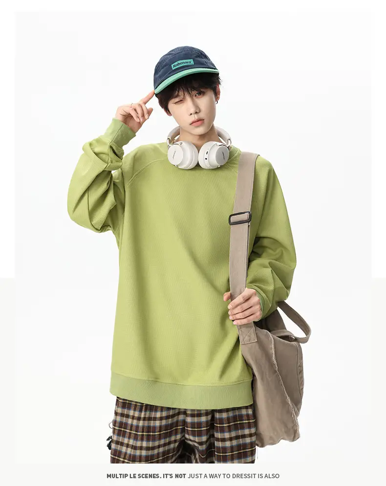 Pink Waffle Sweatshirt for Men Round Neck Loose Fit — feature 27