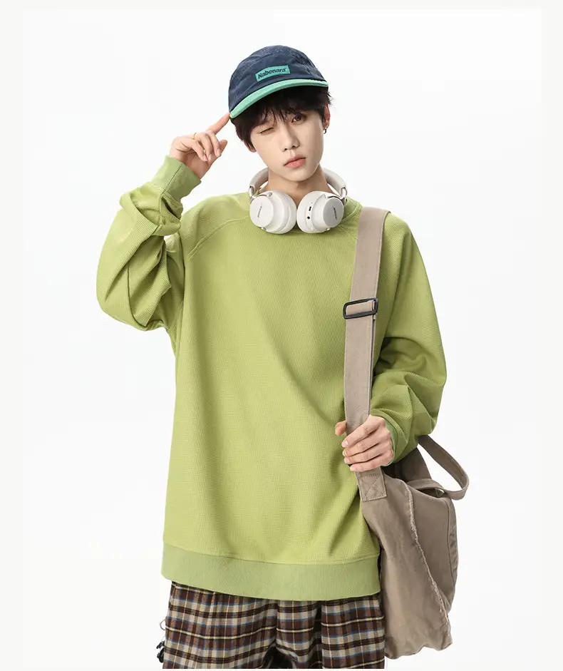 Pink Waffle Sweatshirt for Men Round Neck Loose Fit — feature 30