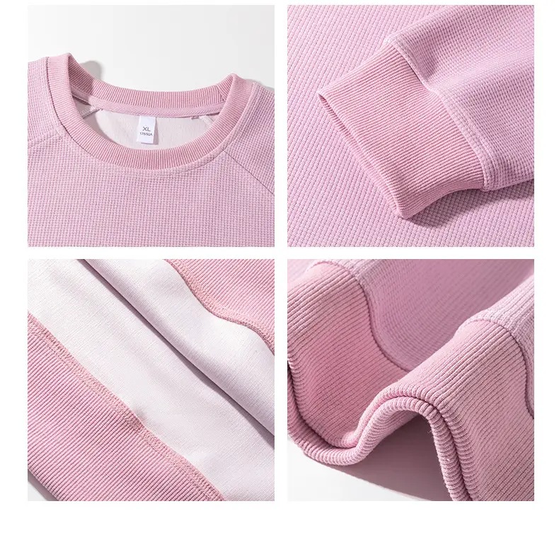 Pink Waffle Sweatshirt for Men Round Neck Loose Fit — feature 6