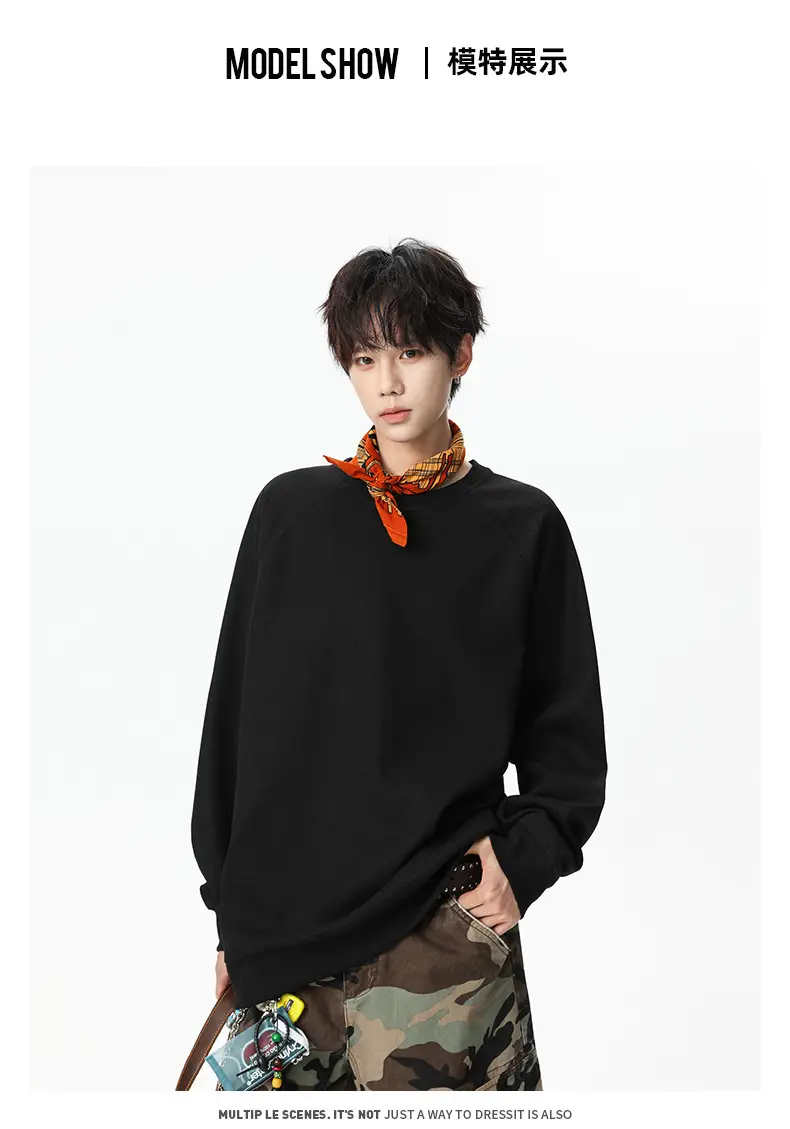 Pink Waffle Sweatshirt for Men Round Neck Loose Fit — feature 9