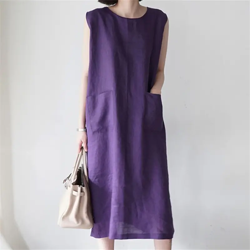 Women's Purple Sleeveless Linen Dress with Handbag - Image 3
