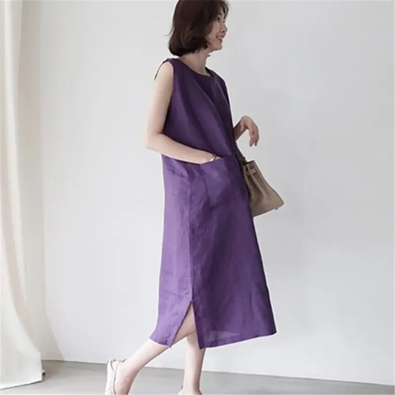 Women's Purple Sleeveless Linen Dress with Handbag - Image 4