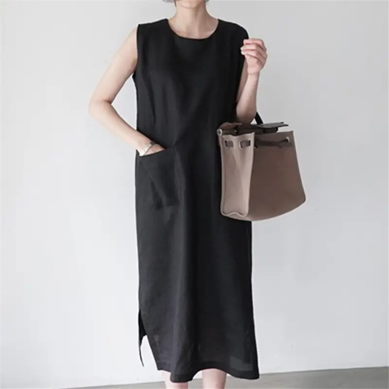 Women's Purple Sleeveless Linen Dress with Handbag - Image 5
