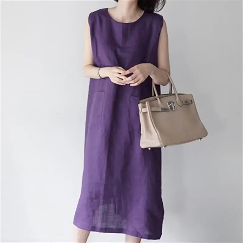 Women's Purple Sleeveless Linen Dress with Handbag - Image 6