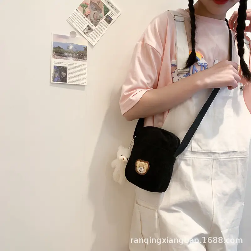 Cute Bear Embroidered Black Shoulder Bag for Women Men - Image 4