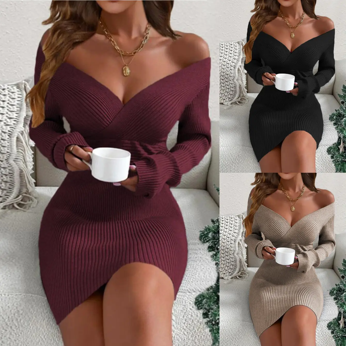 2025 Women's V-Neck Knitted Sweater Dress Maroon - Image 4