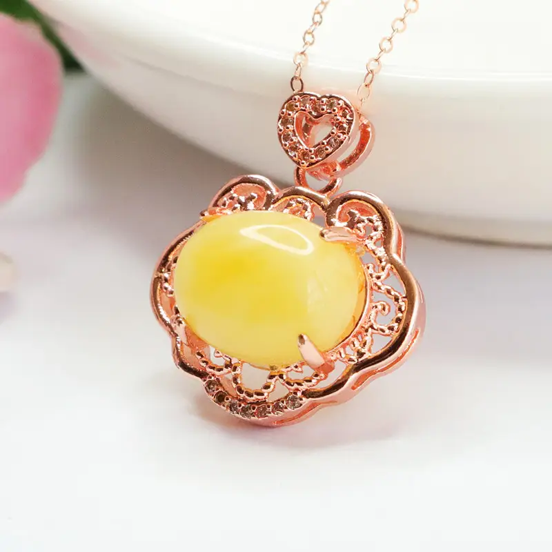 Natural Honey Necklace with Rose Gold Pendant - Image 3