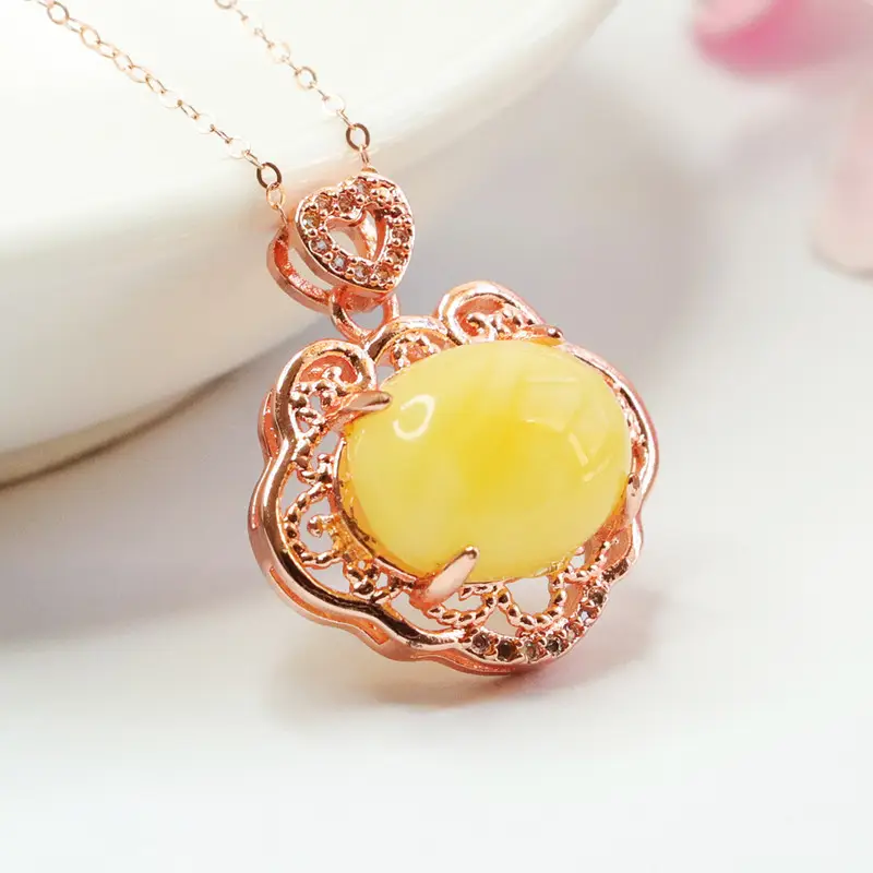 Natural Honey Necklace with Rose Gold Pendant - Image 4