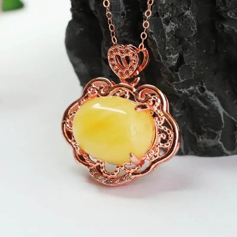 Natural Honey Necklace with Rose Gold Pendant - Image 5