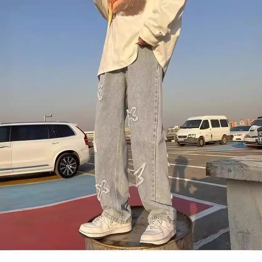 Men Patch Jeans Flash Edge Hip Hop Pants White Sneakers