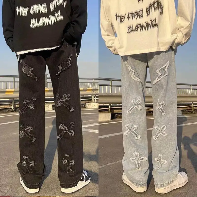 Men Patch Jeans Flash Edge Hip Hop Pants White Sneakers