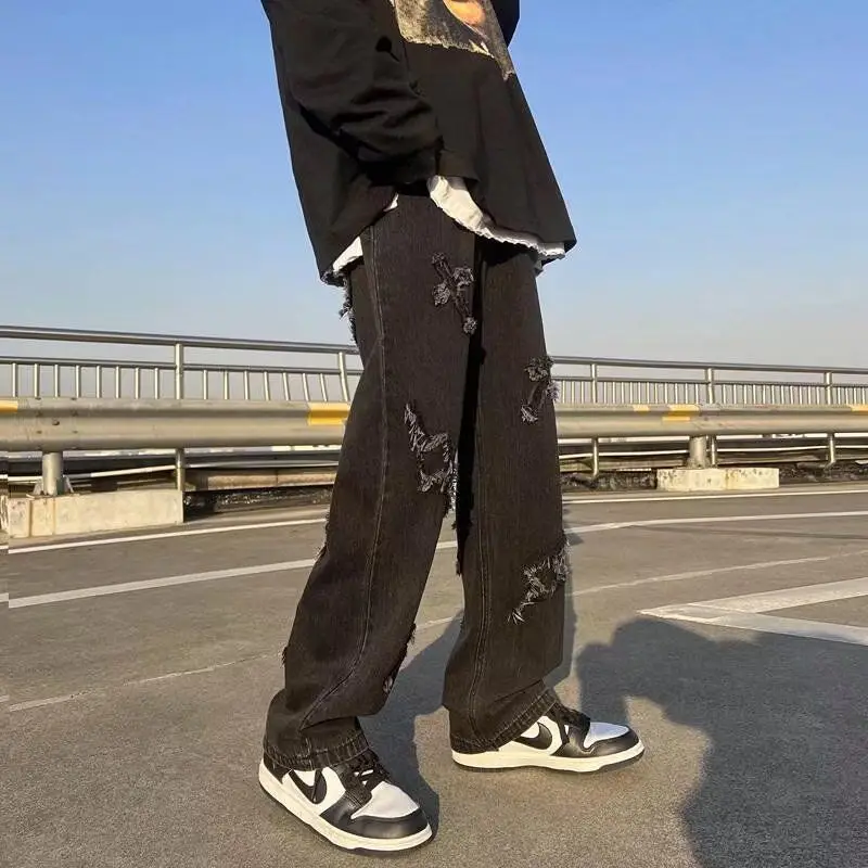 Men Patch Jeans Flash Edge Hip Hop Pants White Sneakers