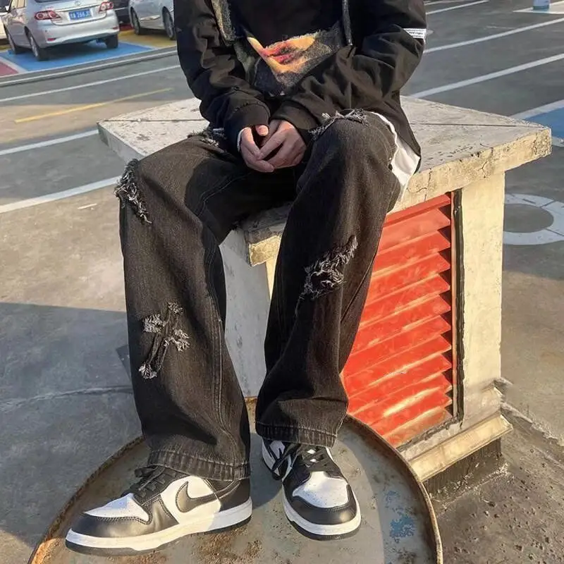 Men Patch Jeans Flash Edge Hip Hop Pants White Sneakers