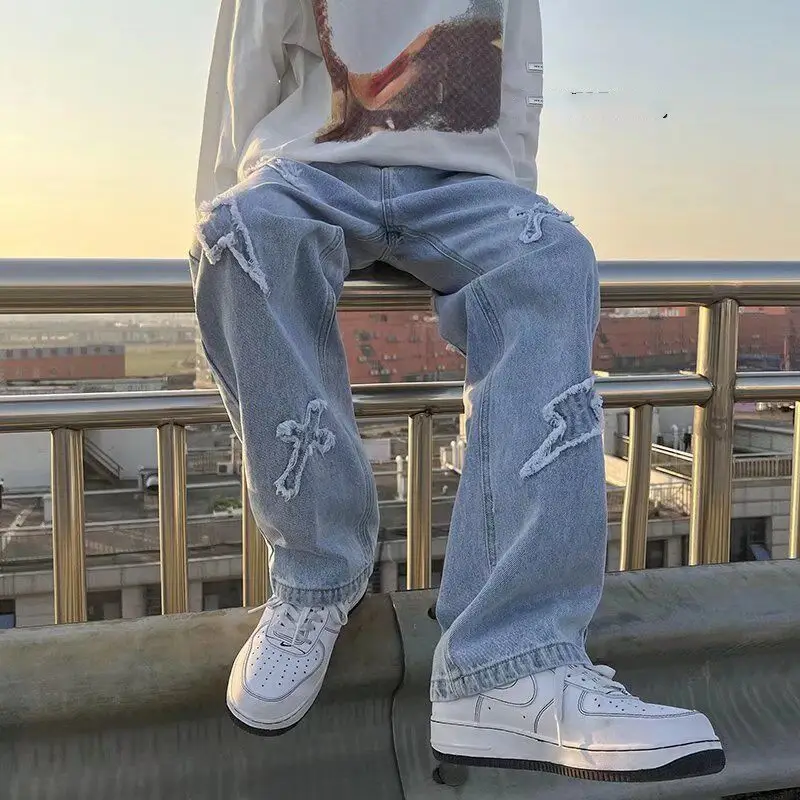 Men Patch Jeans Flash Edge Hip Hop Pants White Sneakers