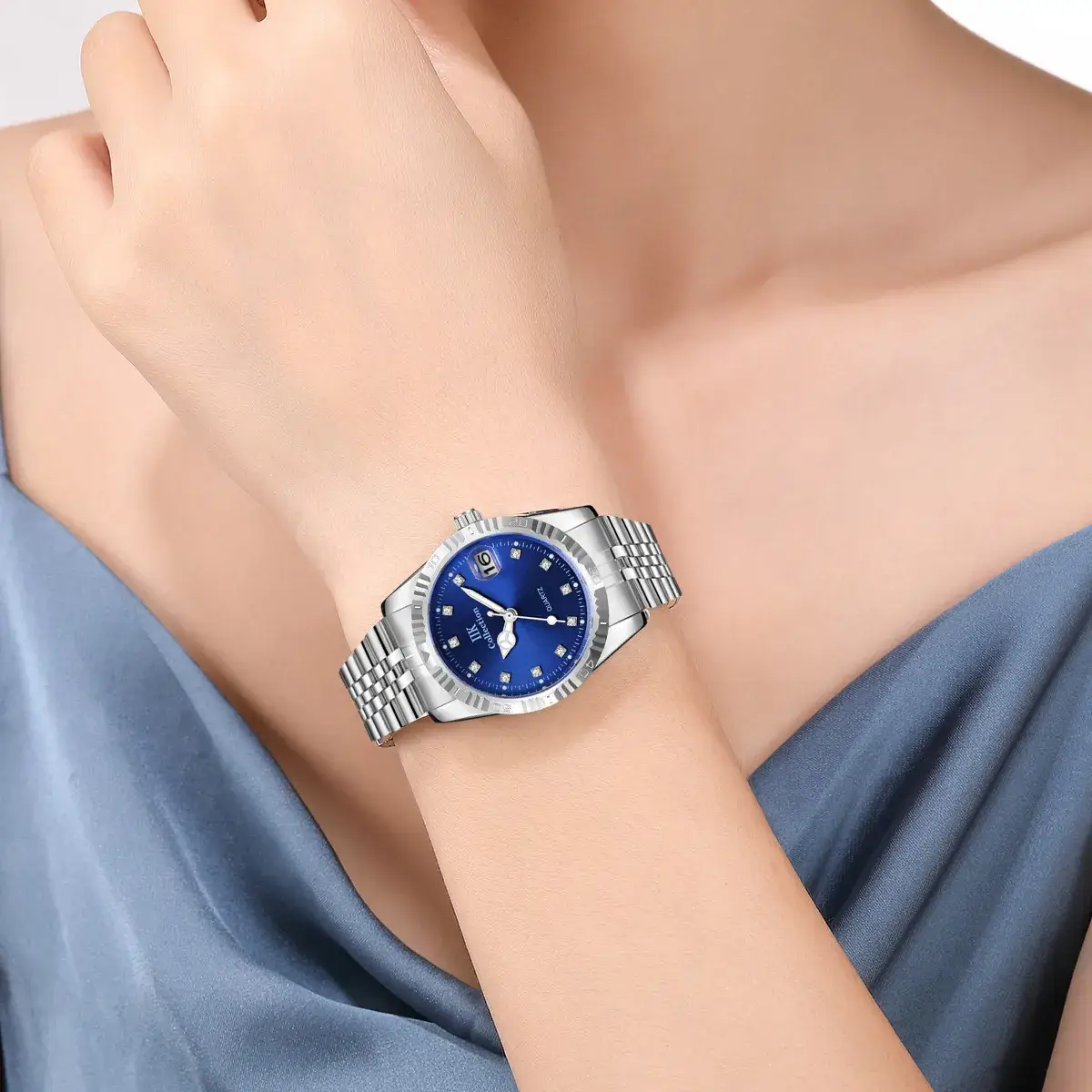 IIK Gold Silver Quartz Couple Watch with Calendar - Image 15
