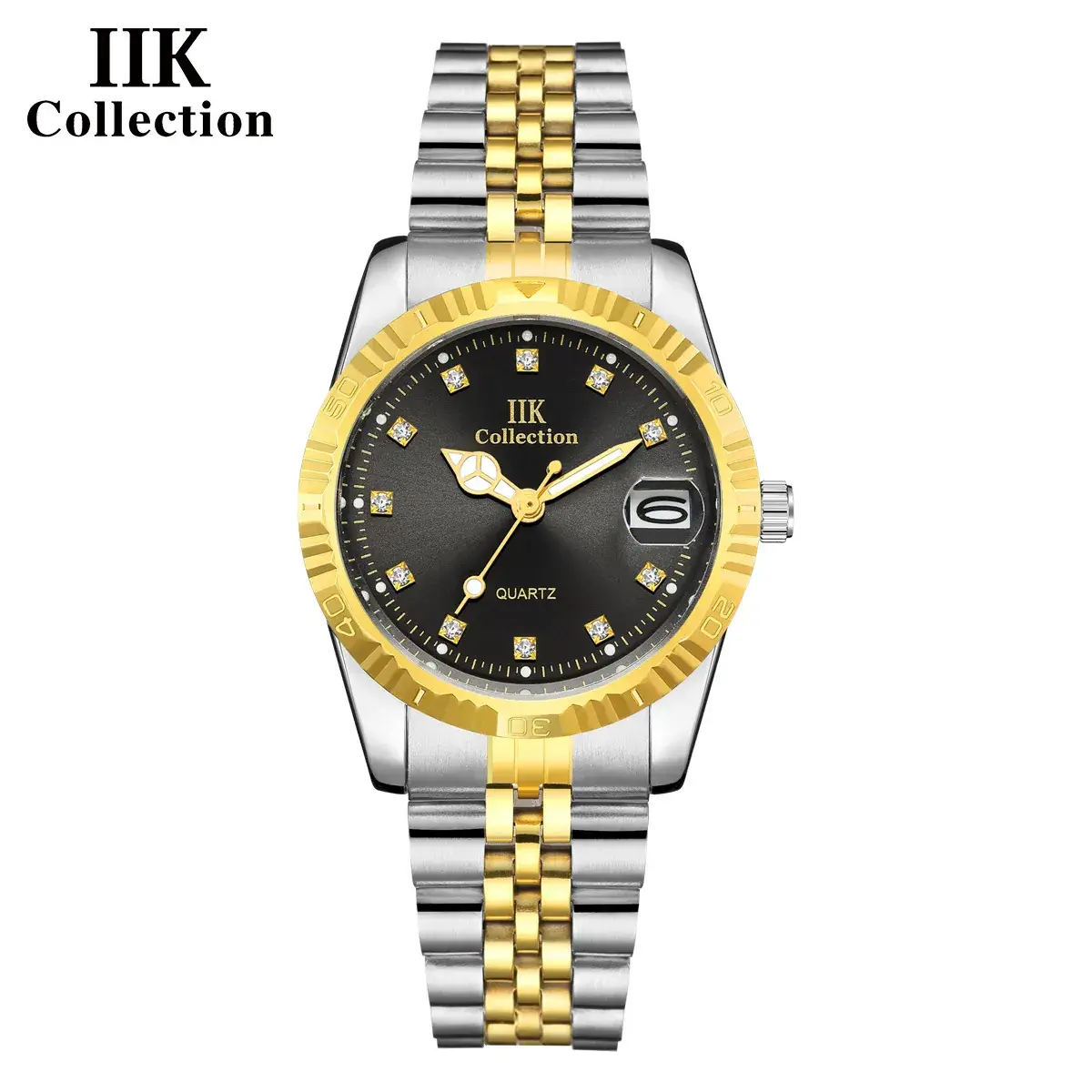 IIK Gold Silver Quartz Couple Watch with Calendar - Image 10
