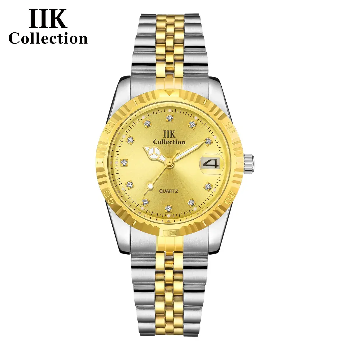IIK Gold Silver Quartz Couple Watch with Calendar - Image 11