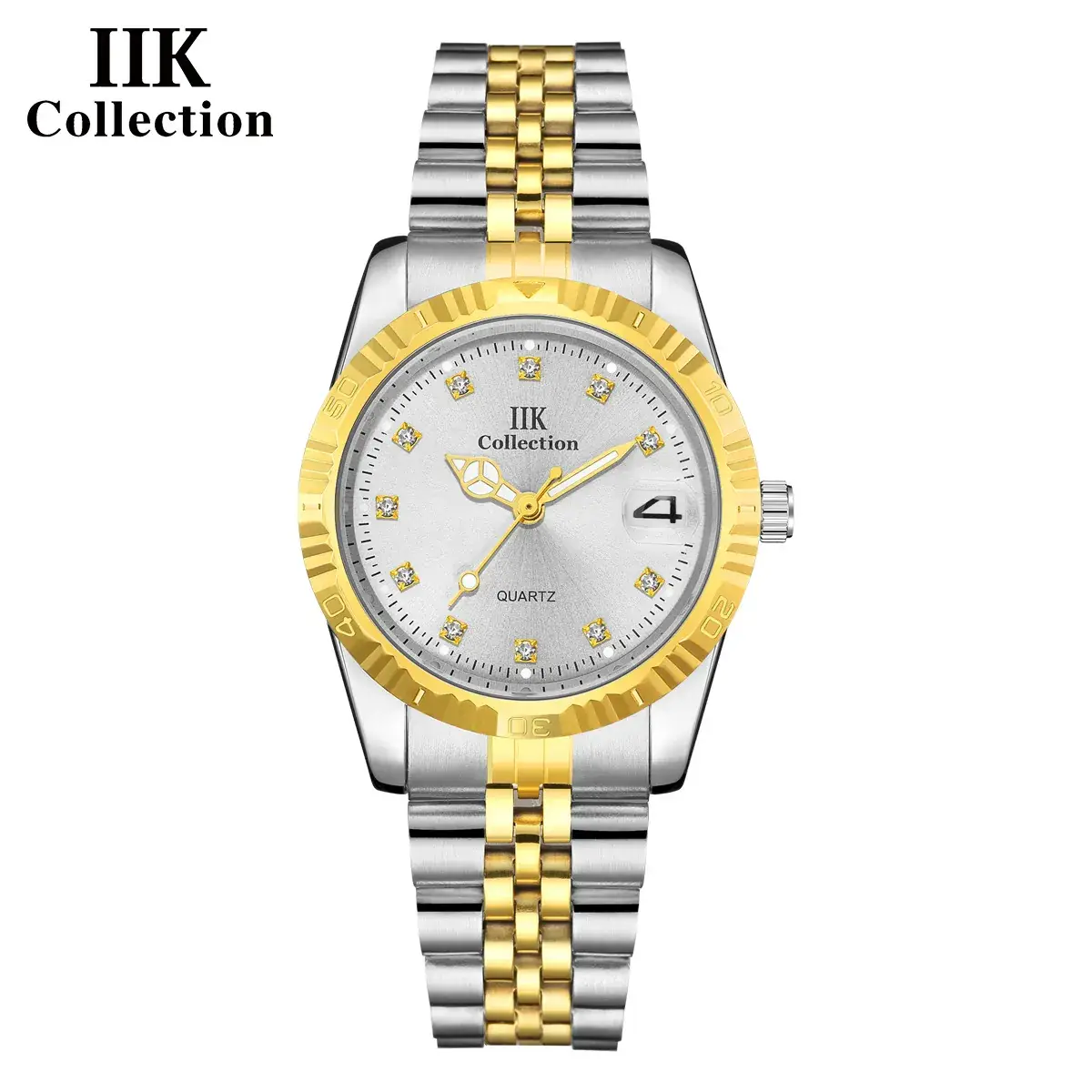 IIK Gold Silver Quartz Couple Watch with Calendar - Image 12