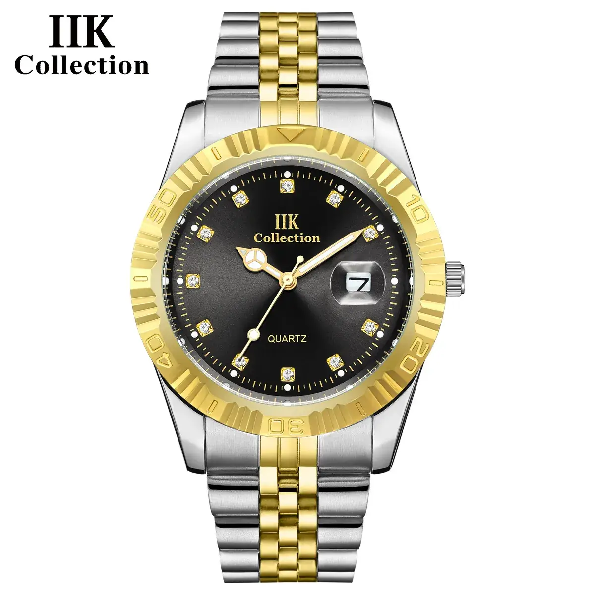 IIK Gold Silver Quartz Couple Watch with Calendar - Image 4
