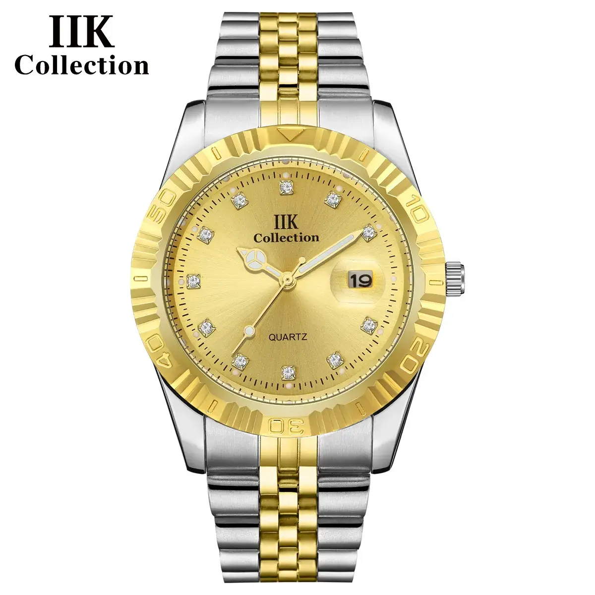 IIK Gold Silver Quartz Couple Watch with Calendar - Image 5