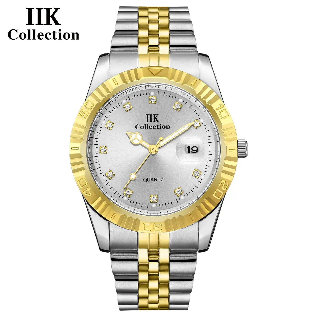 IIK Gold Silver Quartz Couple Watch with Calendar - Image 6