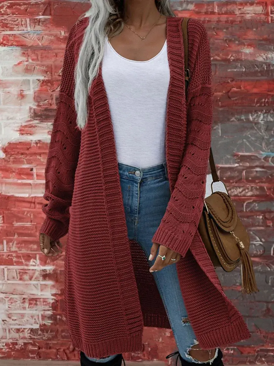 2025 Knitted Long Cardigan Solid Green Women - Image 3