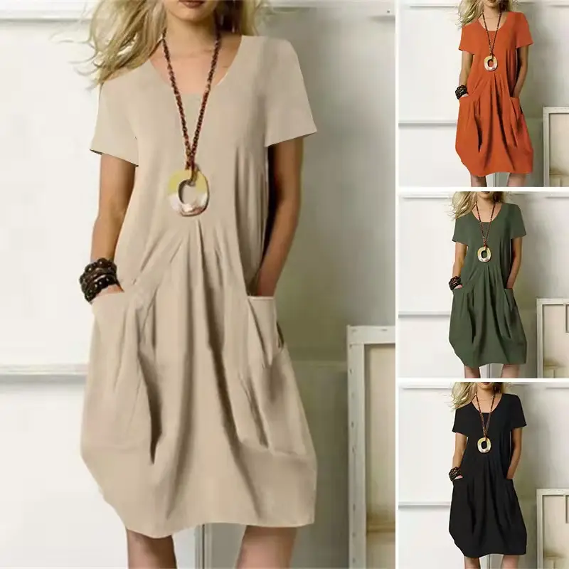 2023 Hot Cotton Linen Dress Beige Round Neck Short Sleeve