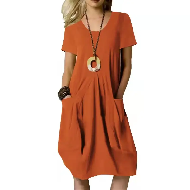 2023 Hot Cotton Linen Dress Beige Round Neck Short Sleeve