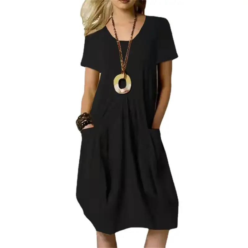 2023 Hot Cotton Linen Dress Beige Round Neck Short Sleeve