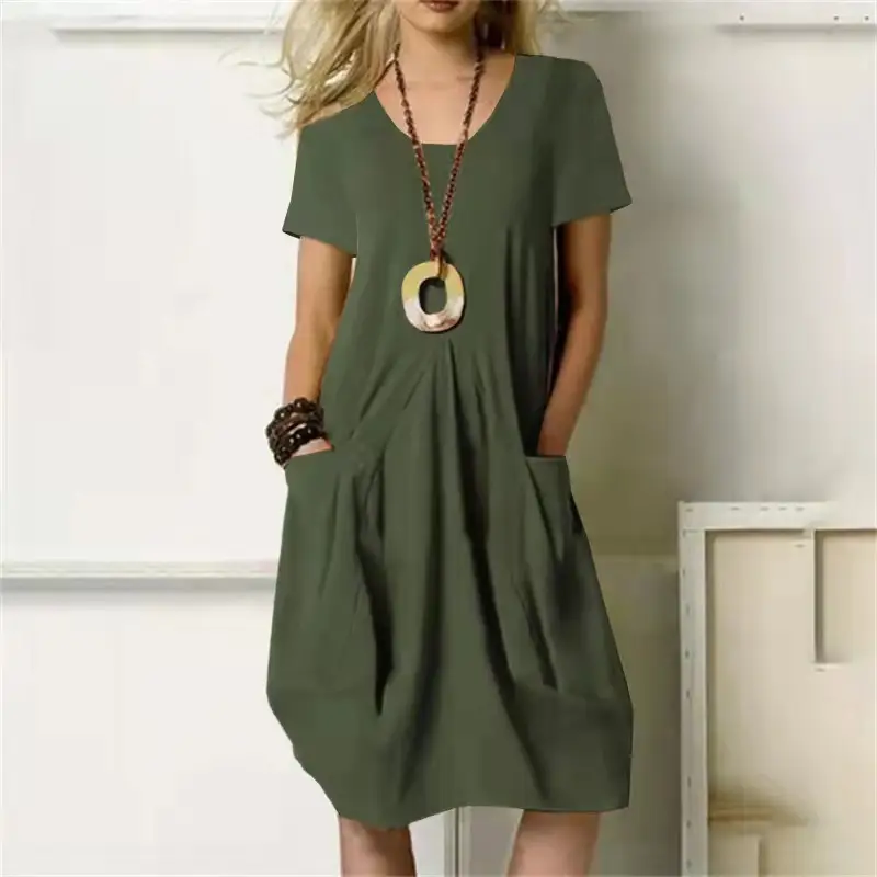2023 Hot Cotton Linen Dress Beige Round Neck Short Sleeve — feature 11