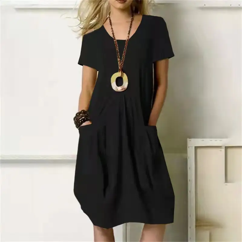 2023 Hot Cotton Linen Dress Beige Round Neck Short Sleeve — feature 13