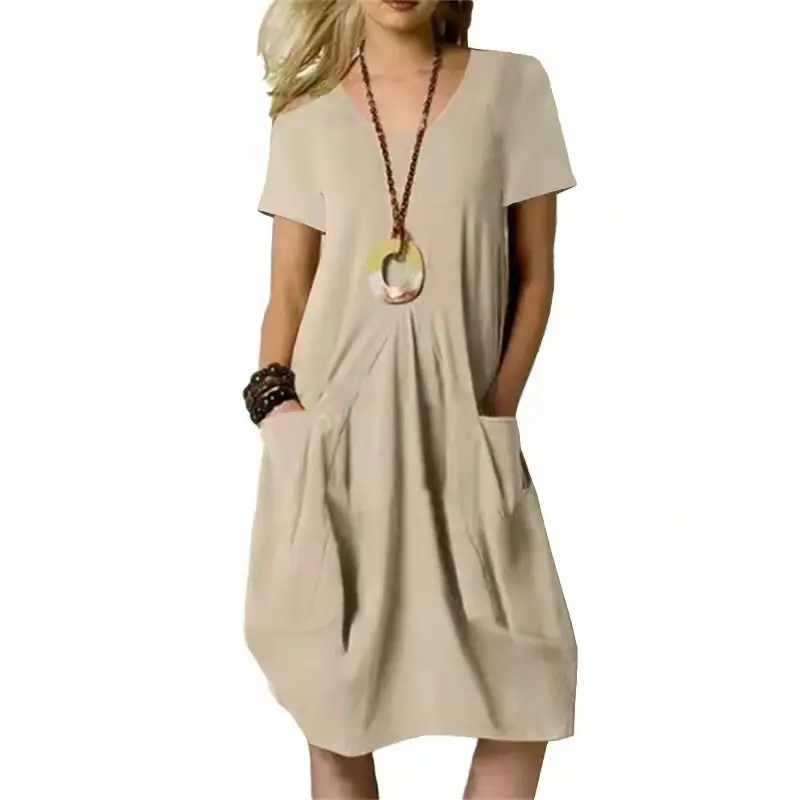 2023 Hot Cotton Linen Dress Beige Round Neck Short Sleeve — feature 14
