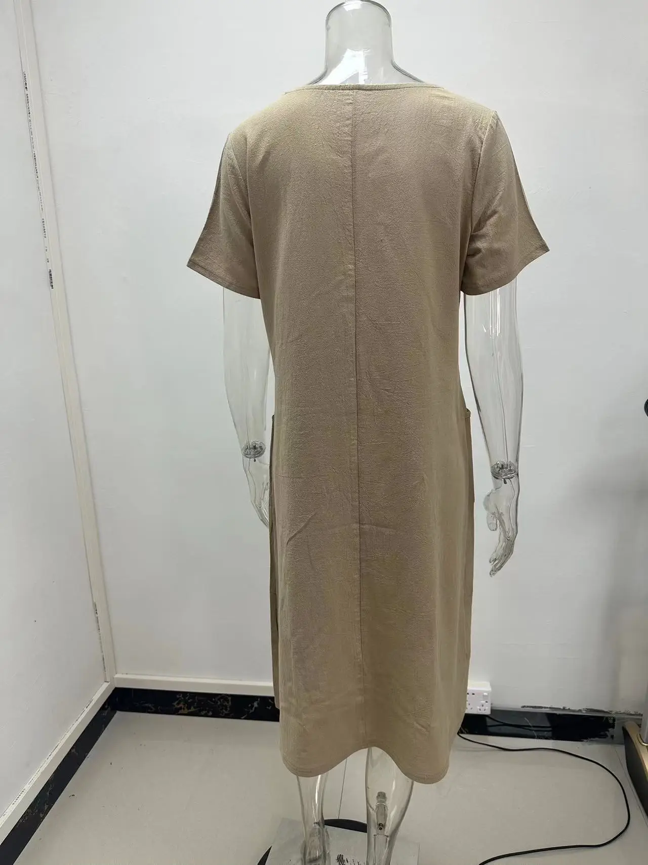2023 Hot Cotton Linen Dress Beige Round Neck Short Sleeve — feature 4